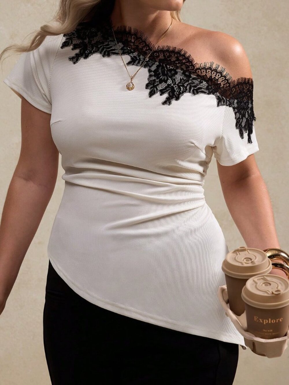 Apricot Casual Womens Asymmetric Shoulder Sheer Sexy Contrast Color Lace T-Shirt